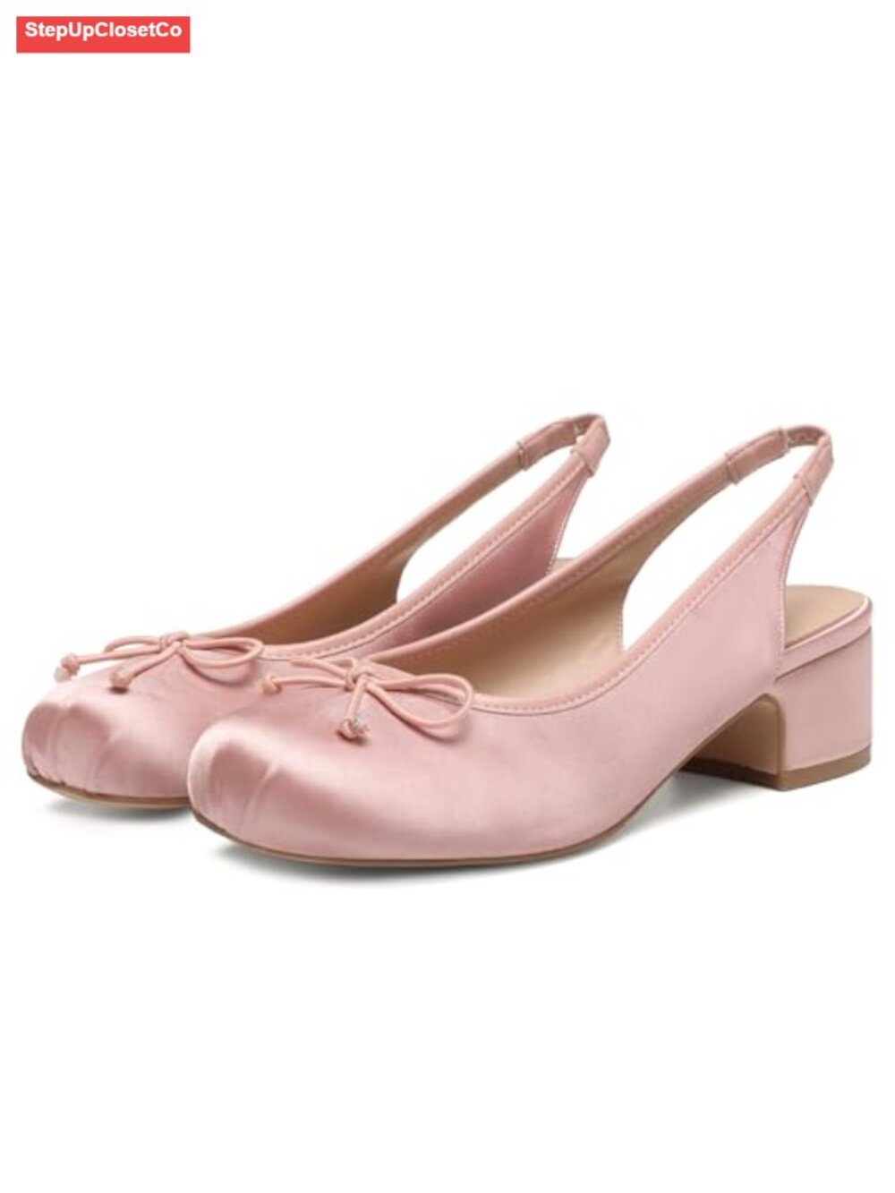 Satin Slingback Ballet Heels Square Toe Chunky Pumps Women Party